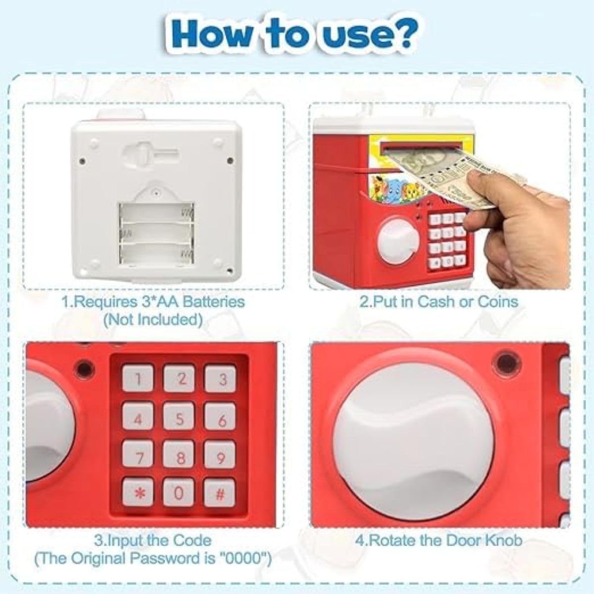 Braintastic ATM Bank for Kids, Battery Operated, Password Protected, Auto Door with Light and Music (Red)