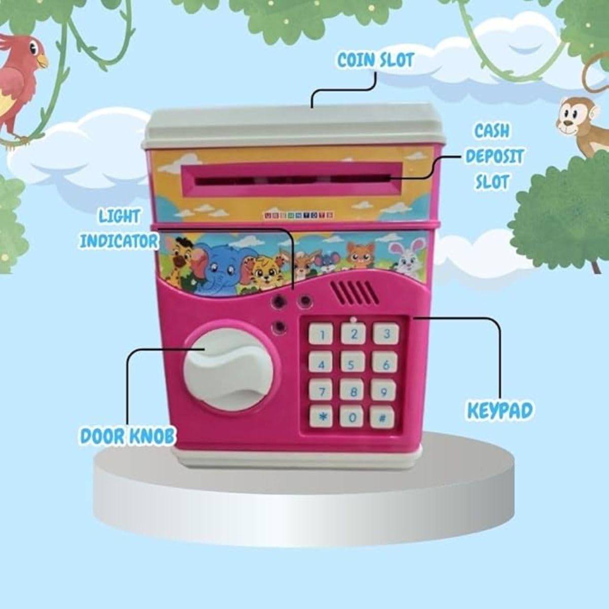 Braintastic ATM Bank for Kids, Battery Operated, Password Protected, Auto Door with Light and Music (Pink)