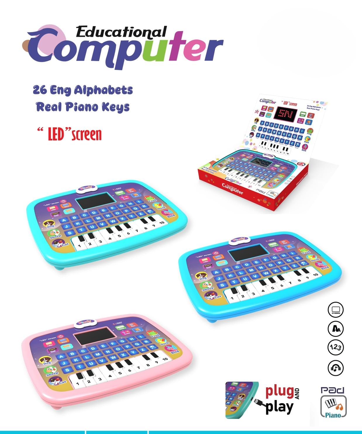 Braintastic Laptop Computer Plus Piano with Led Screen, Music, Fun Toy Activities, Educational & Learning Toy for Kids 1-6 Years