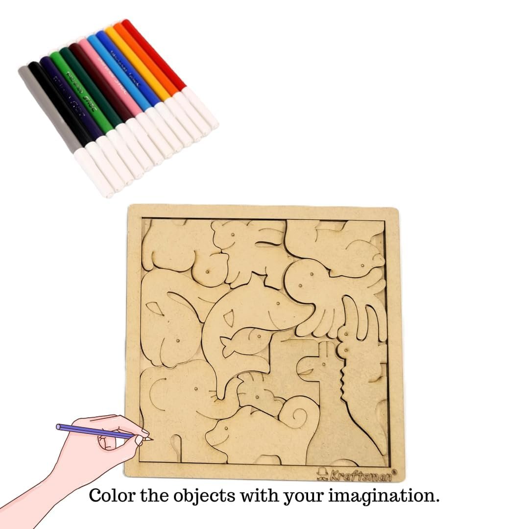 Braintastic Birthday Return Gifts Wooden Jigsaw Animal Puzzle, Travel Board Game,Art & Craft Party Pack Return Favors for Kids-3-6 yrs(12 Colors & Puzzle Game per Pack)