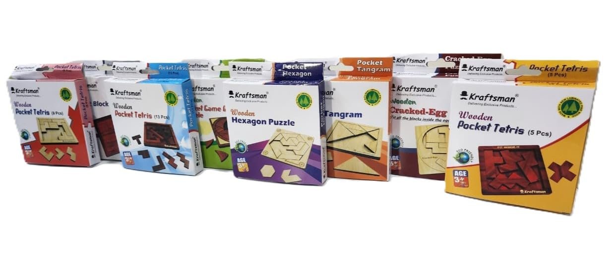 Braintastic Wooden Puzzle Portable Pack of 8 Different Puzzle for Birthday Return Gifts Party Pack, Travel Board Game, Return Favors with Travel Pouch for All Age Group