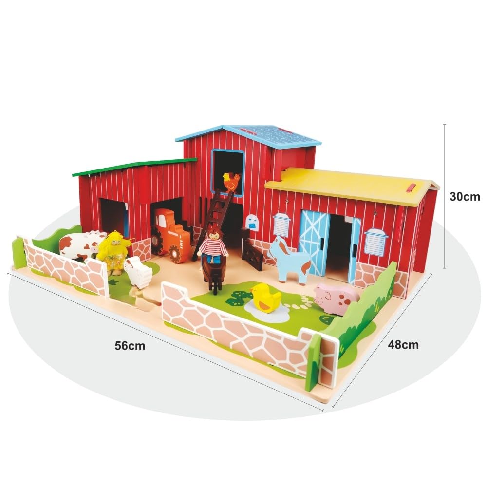 Wudly Wooden Happy Animal Large Farmhouse Playset with 2 Figures, 6 Animals, A Tractor, 35 Pieces Building Educational Toy for Boys & Girls