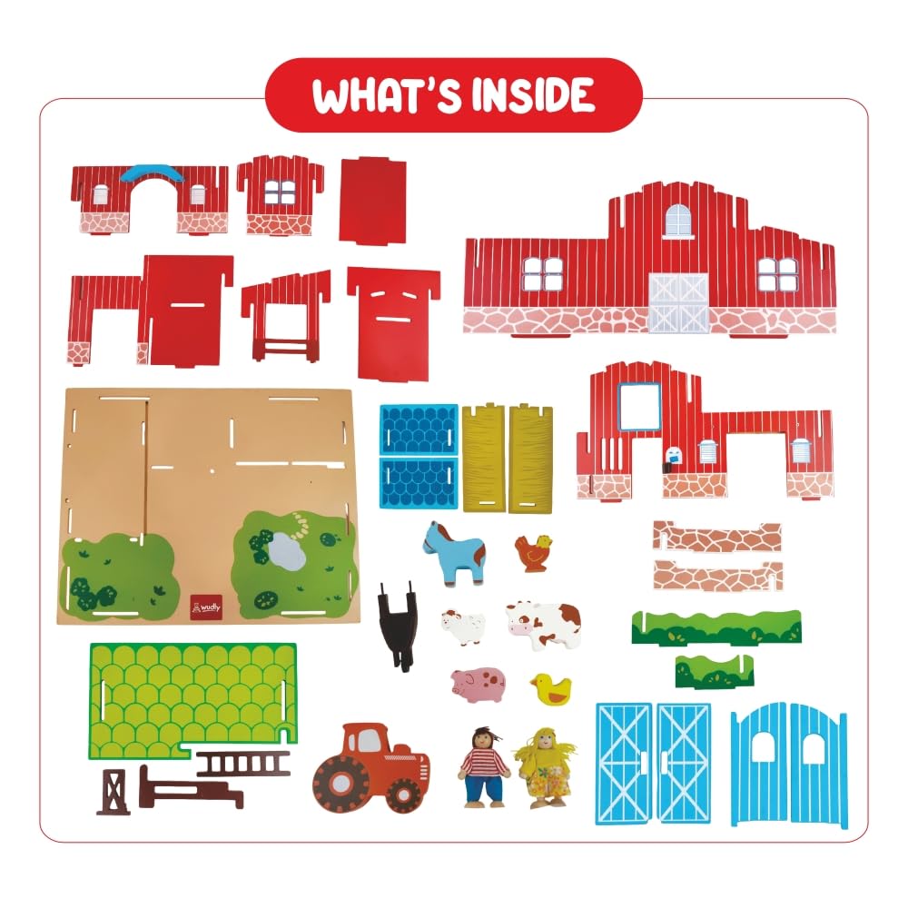 Wudly Wooden Happy Animal Large Farmhouse Playset with 2 Figures, 6 Animals, A Tractor, 35 Pieces Building Educational Toy for Boys & Girls