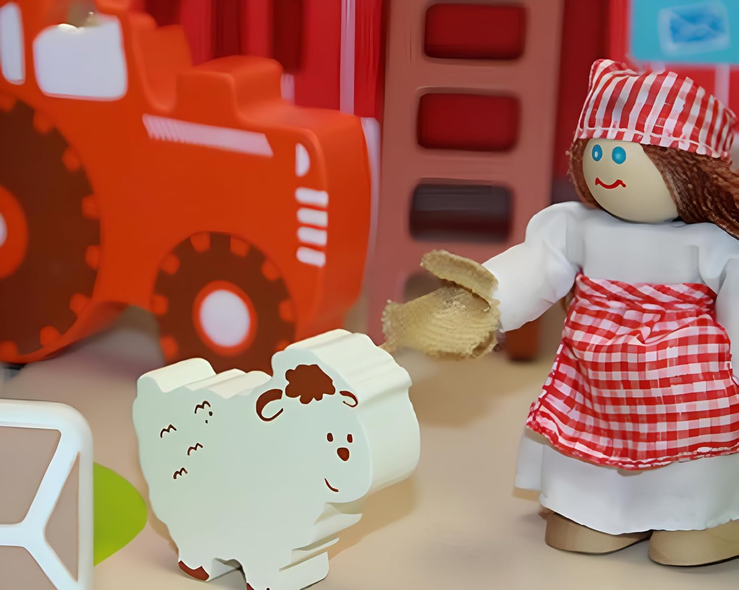 Wudly Wooden Happy Animal Large Farmhouse Playset with 2 Figures, 6 Animals, A Tractor, 35 Pieces Building Educational Toy for Boys & Girls