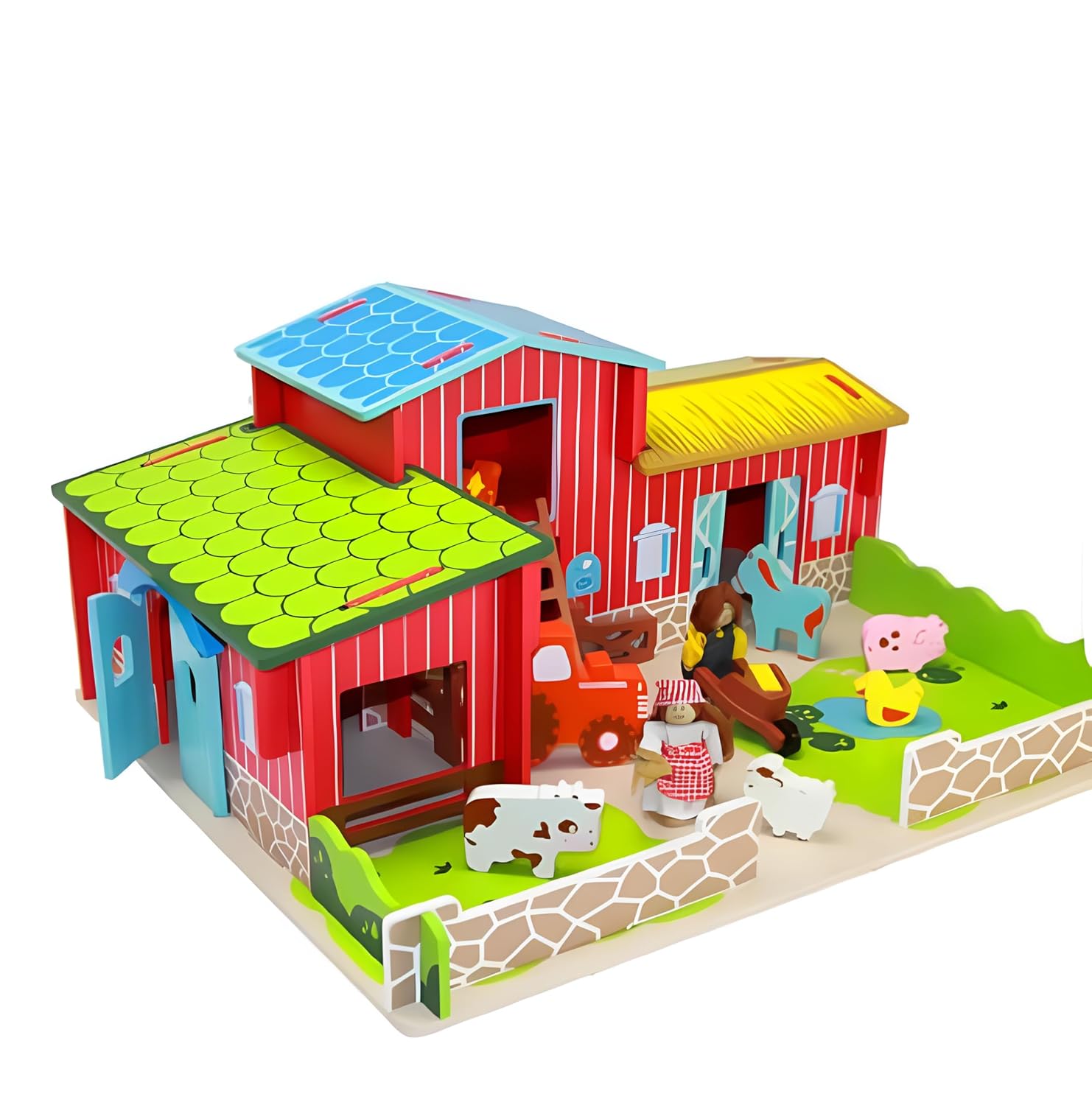 Wudly Wooden Happy Animal Large Farmhouse Playset with 2 Figures, 6 Animals, A Tractor, 35 Pieces Building Educational Toy for Boys & Girls