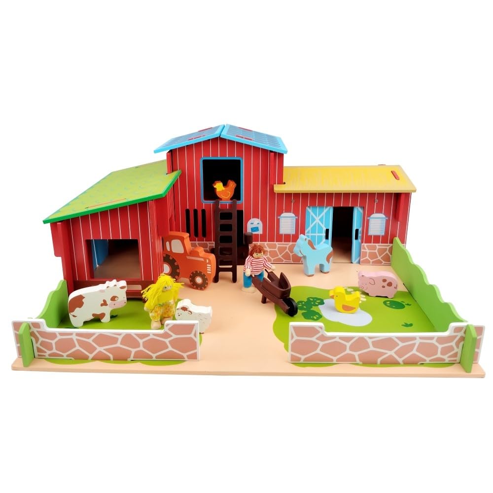 Wudly Wooden Happy Animal Large Farmhouse Playset with 2 Figures, 6 Animals, A Tractor, 35 Pieces Building Educational Toy for Boys & Girls
