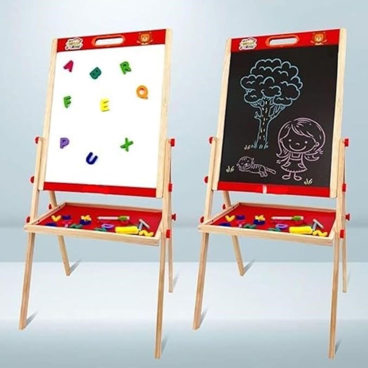 Braintastic 3-in-1 Wooden Easel with Chalkboard & Whiteboard, Marker, Duster, Chalk & Magnetic Letters – Adjustable Double-Sided Drawing Board with Storage Tray – Educational Learning Station for Toddlers & Children
