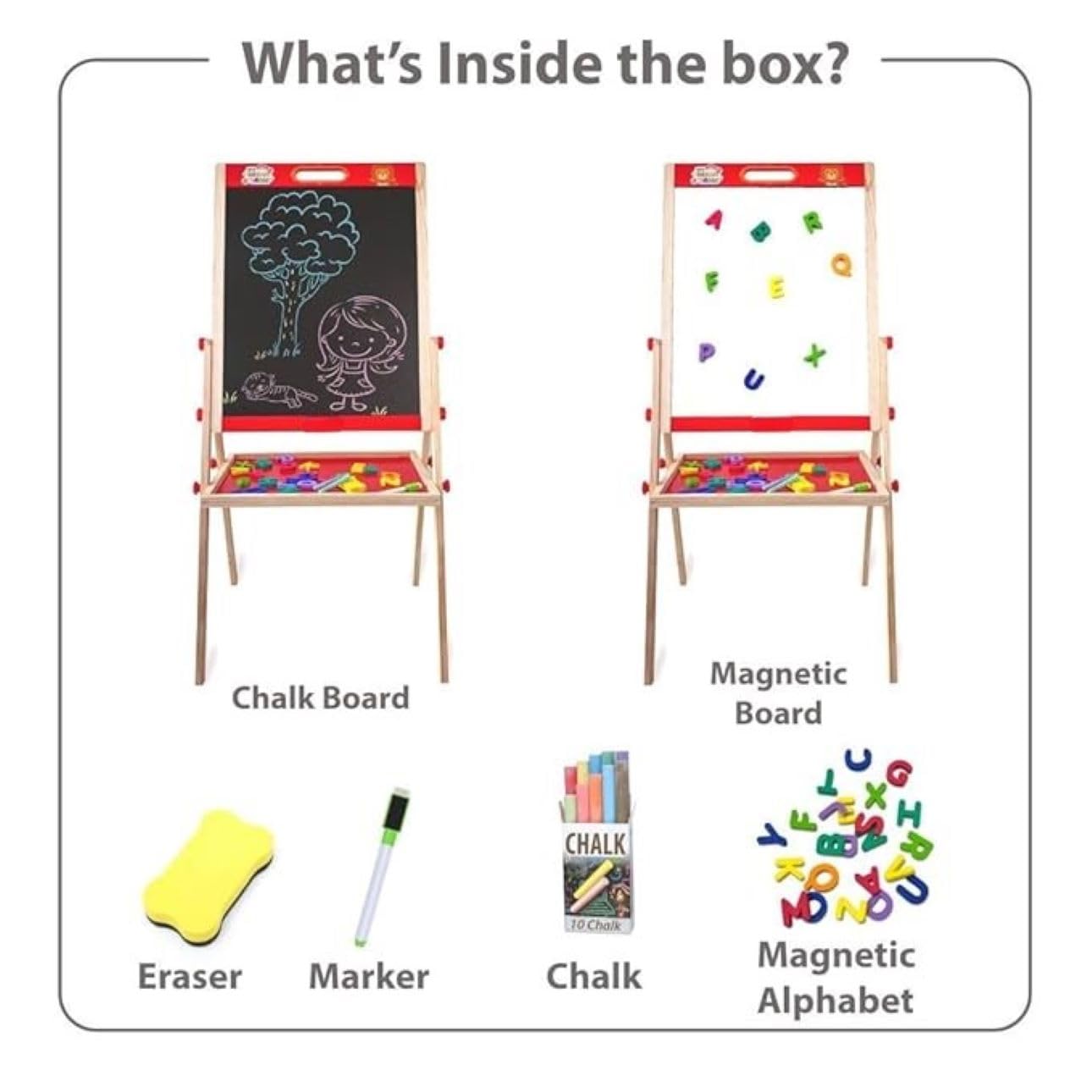 Braintastic 3-in-1 Wooden Easel with Chalkboard & Whiteboard, Marker, Duster, Chalk & Magnetic Letters – Adjustable Double-Sided Drawing Board with Storage Tray – Educational Learning Station for Toddlers & Children
