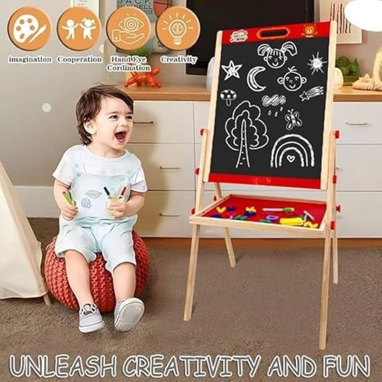 Braintastic 3-in-1 Wooden Easel with Chalkboard & Whiteboard, Marker, Duster, Chalk & Magnetic Letters – Adjustable Double-Sided Drawing Board with Storage Tray – Educational Learning Station for Toddlers & Children