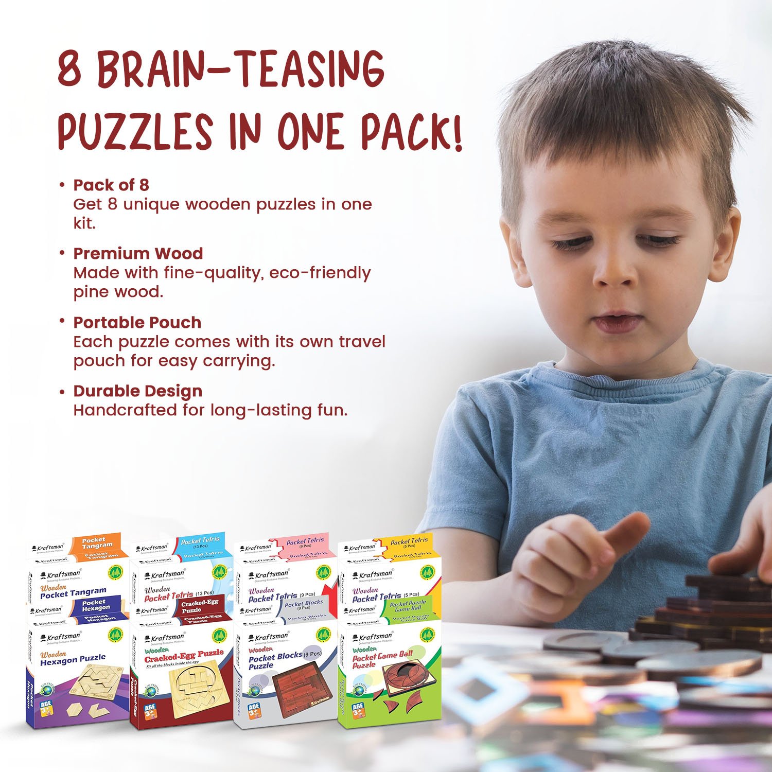Braintastic Wooden Puzzle Portable Pack of 8 Different Puzzle for Birthday Return Gifts Party Pack, Travel Board Game, Return Favors with Travel Pouch for All Age Group