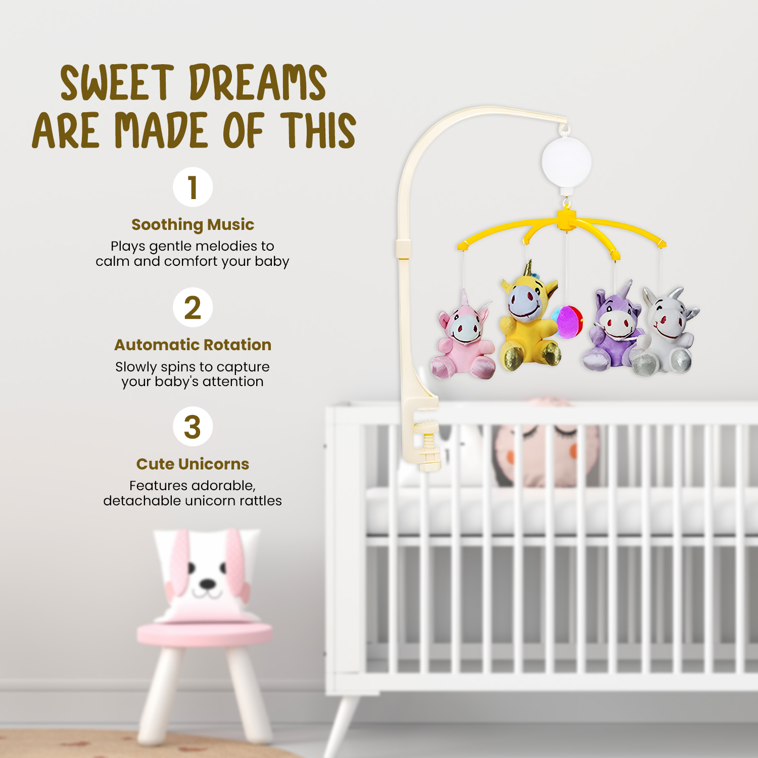 Braintastic Musical Baby Cot Mobile Hanger for Bed Jhumar/Cradle/Cot Automatic Rotating Toy|Soft Soothing Sound| Pleasant Baby Shower Gift| Develops Baby's Senses of Sound & visuals|0-2 yrs(Unicorn)