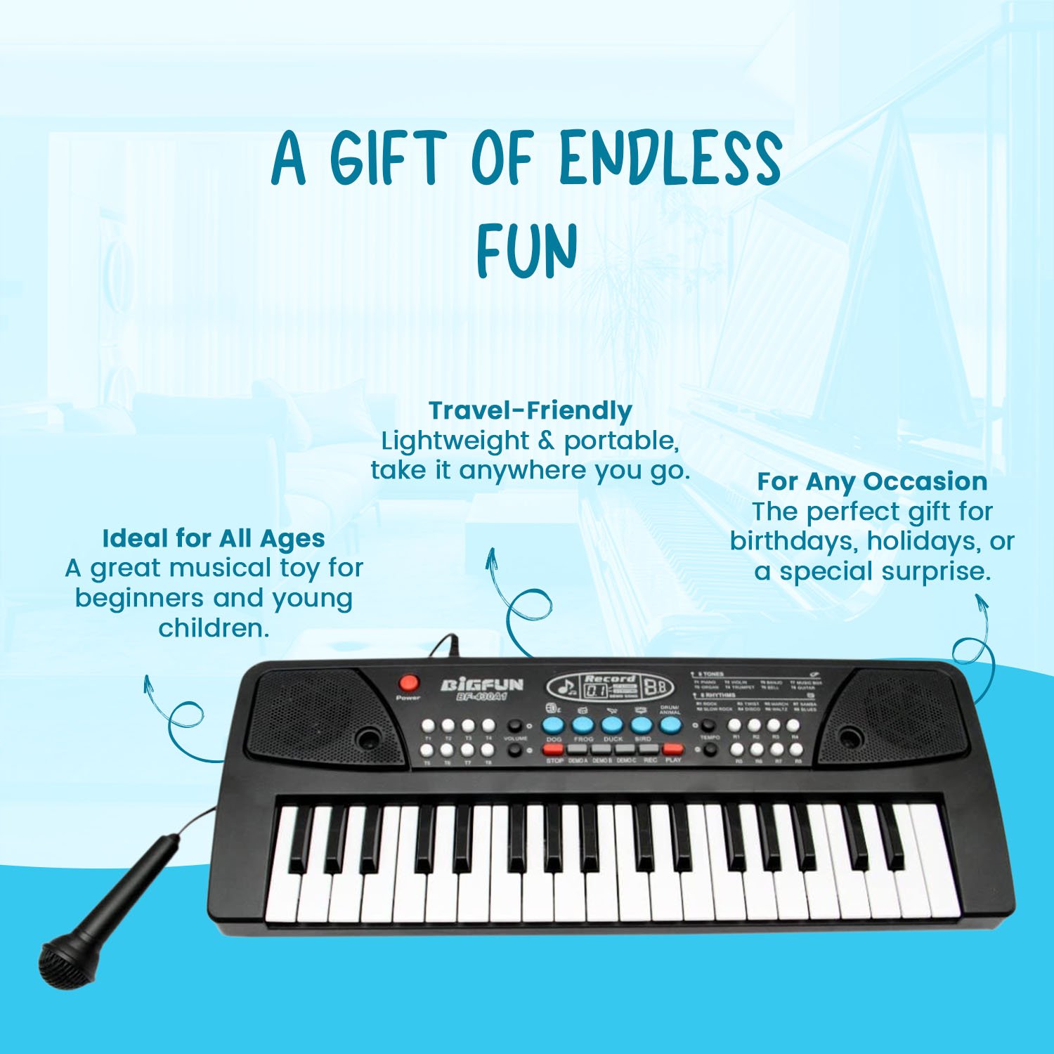 Braintastic Portable Musical Piano Keyboard with Microphone, 37 Keys, 8 Rhythms, 8 Tones with 6 In-Built Demos & Song Record Feature (BF430A1,Black Color)