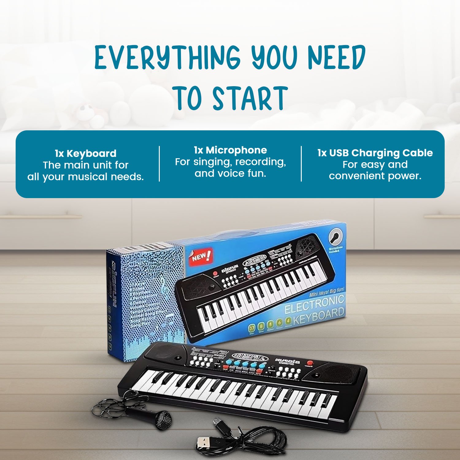 Braintastic Portable Musical Piano Keyboard with Microphone, 37 Keys, 8 Rhythms, 8 Tones with 6 In-Built Demos & Song Record Feature (BF430A1,Black Color)