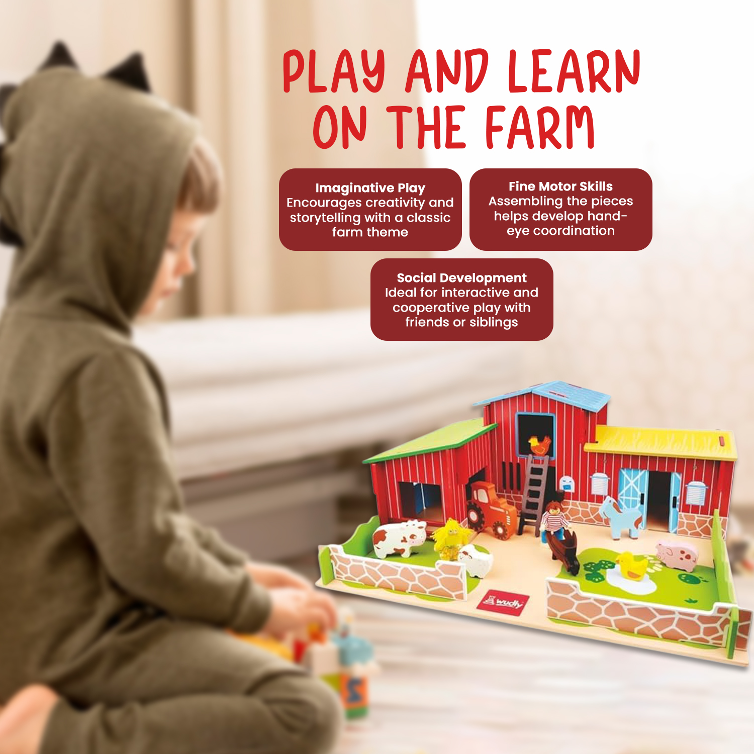 Wudly Wooden Happy Animal Large Farmhouse Playset with 2 Figures, 6 Animals, A Tractor, 35 Pieces Building Educational Toy for Boys & Girls