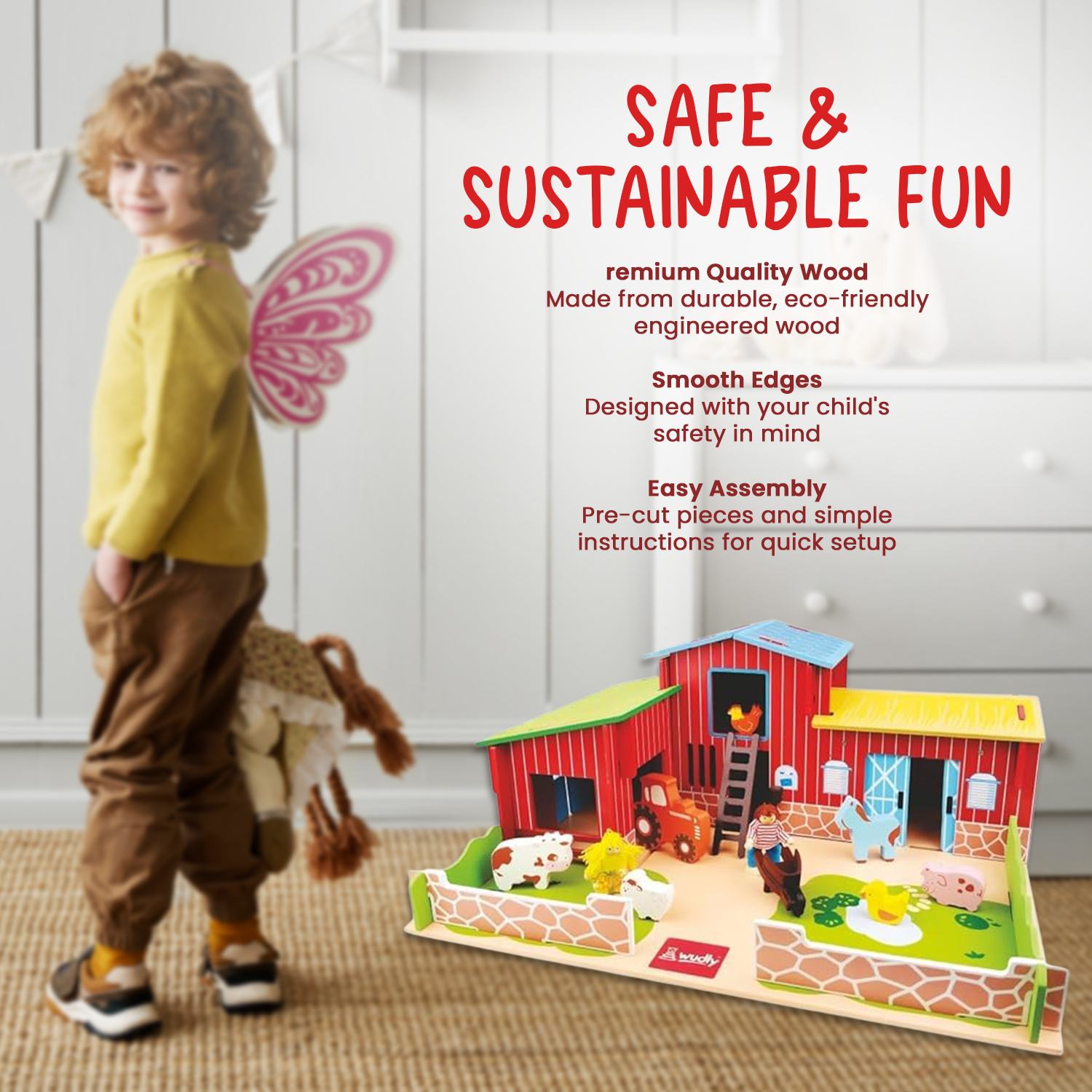 Wudly Wooden Happy Animal Large Farmhouse Playset with 2 Figures, 6 Animals, A Tractor, 35 Pieces Building Educational Toy for Boys & Girls