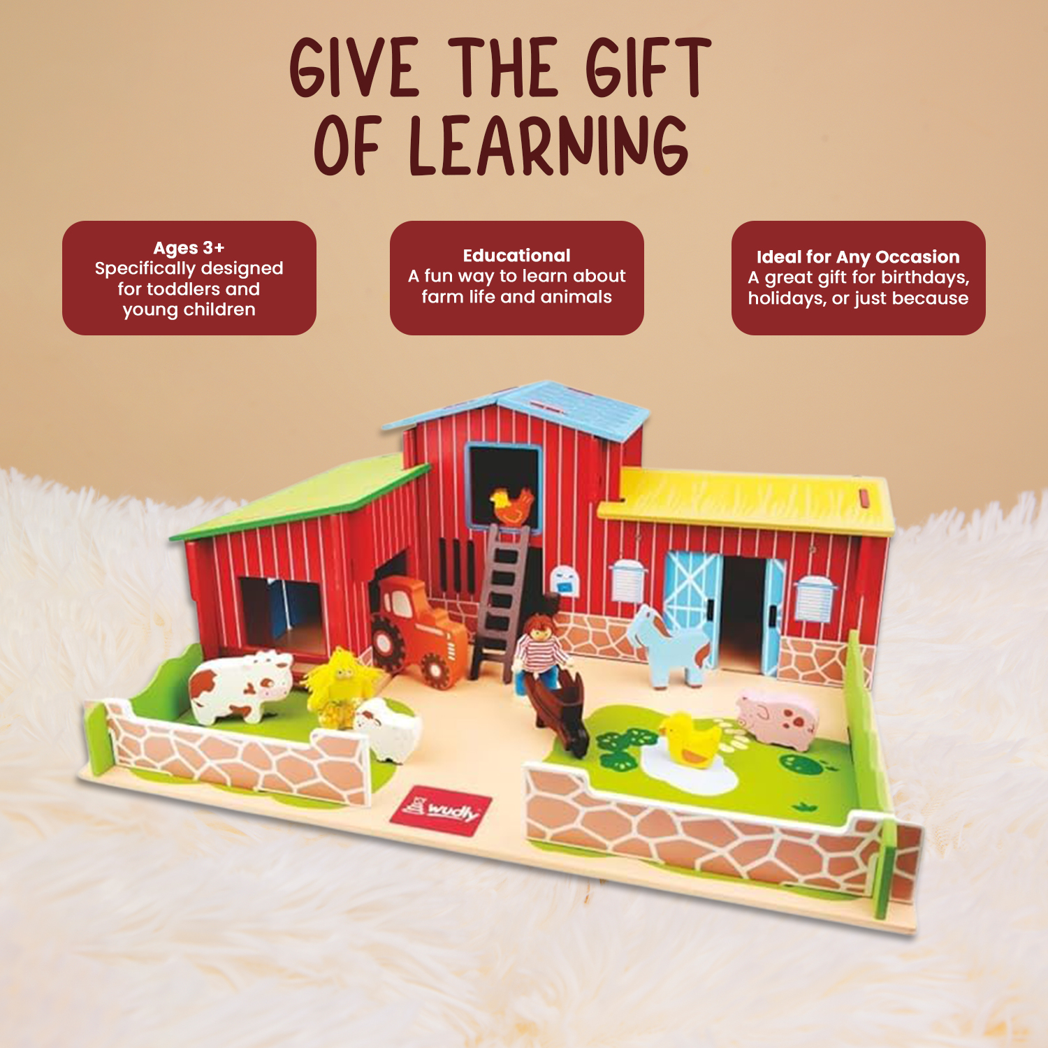 Wudly Wooden Happy Animal Large Farmhouse Playset with 2 Figures, 6 Animals, A Tractor, 35 Pieces Building Educational Toy for Boys & Girls