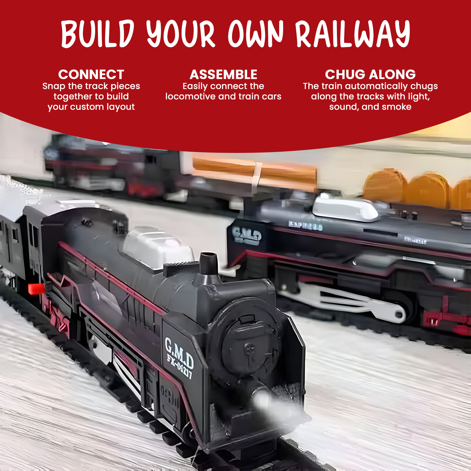 Braintastic Railking Classical Train with Sound, Light, & Water Smoke for Kids, Rechargeable 21 Pieces Set Includes Tracks, Locomotive,Boxcar, Passenger car for Kids