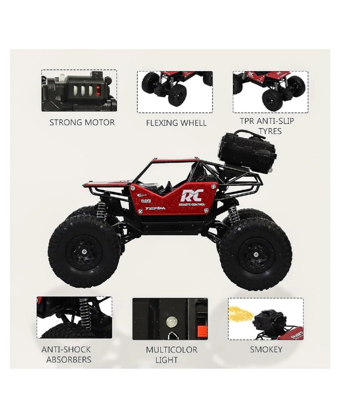 Braintastic Rechargeable Remote Control Rock Crawler Car with Mist Smoke,Monster Truck with Spray for Kids, RC High Speed 4x4 Off-Road Car