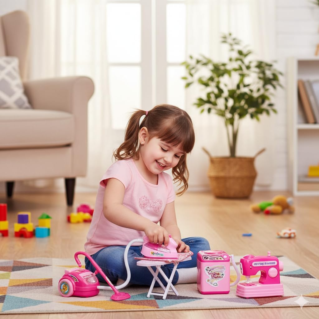 Braintastic Kids Kitchen Pretend Play Set | 4 Pcs Battery Operated Mini Household Appliances – Includes Sewing Machine, Washer, Vacuum Cleaner and Iron (Multicolor) (Household 4 Pcs)