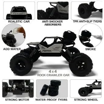 Braintastic 1:16 Big Rock Crawler Monster Truck with Spray, Metal Body Rechargeable RC Off Road Car with High Strength Shockers for Kids and Adults (Silver)