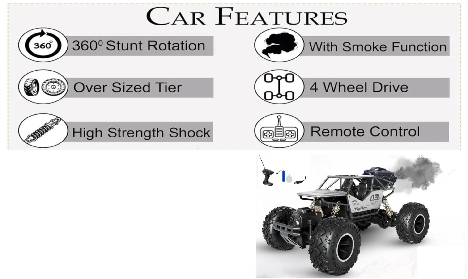 Braintastic 1:16 Big Rock Crawler Monster Truck with Spray, Metal Body Rechargeable RC Off Road Car with High Strength Shockers for Kids and Adults (Silver)