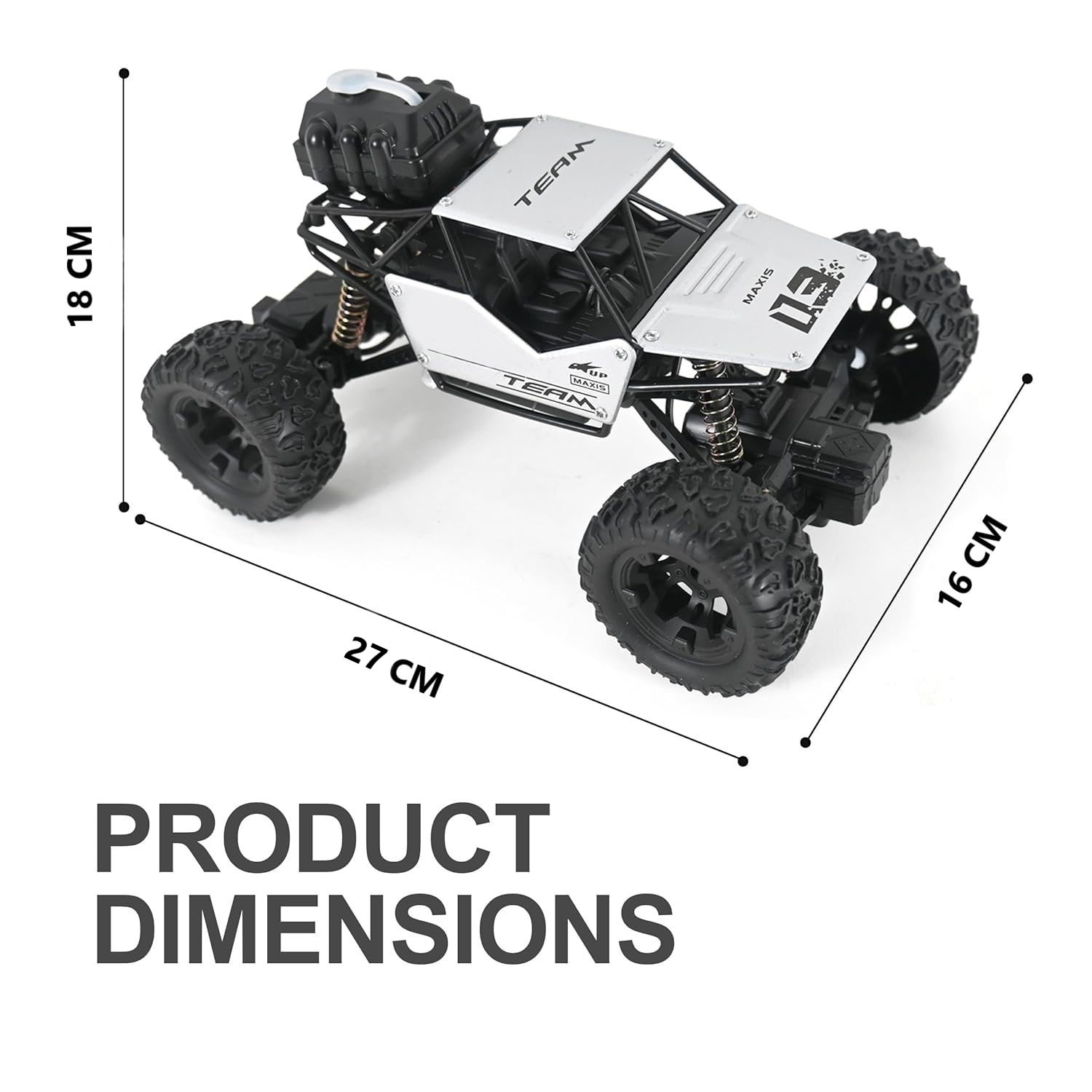 Braintastic 1:16 Big Rock Crawler Monster Truck with Spray, Metal Body Rechargeable RC Off Road Car with High Strength Shockers for Kids and Adults (Silver)