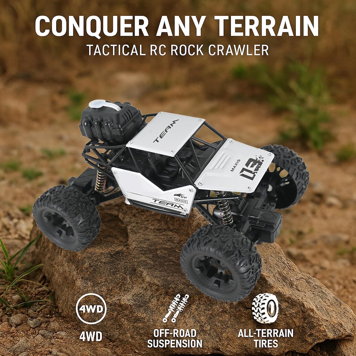 Braintastic 1:16 Big Rock Crawler Monster Truck with Spray, Metal Body Rechargeable RC Off Road Car with High Strength Shockers for Kids and Adults (Silver)