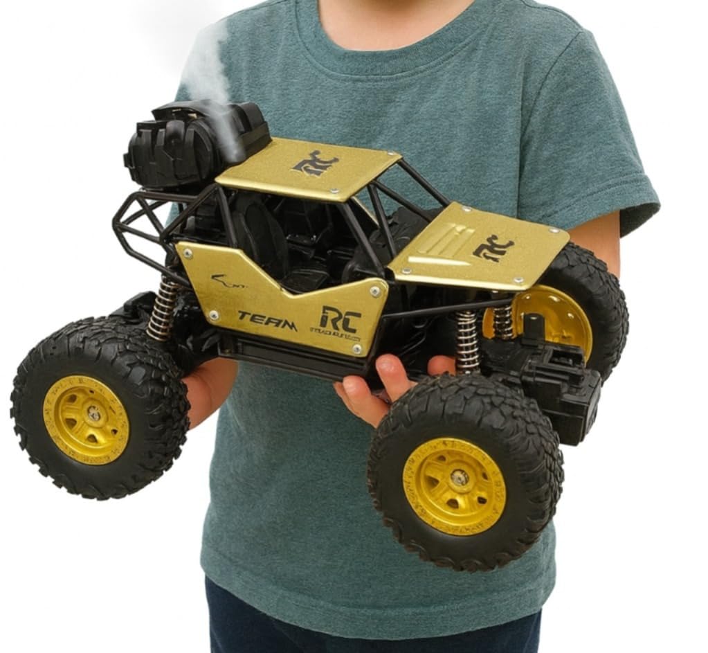 Braintastic 1:16 Big Rock Crawler Monster Truck with Spray, Metal Body Rechargeable RC Off Road Car with High Strength Shockers for Kids and Adults (Golden)