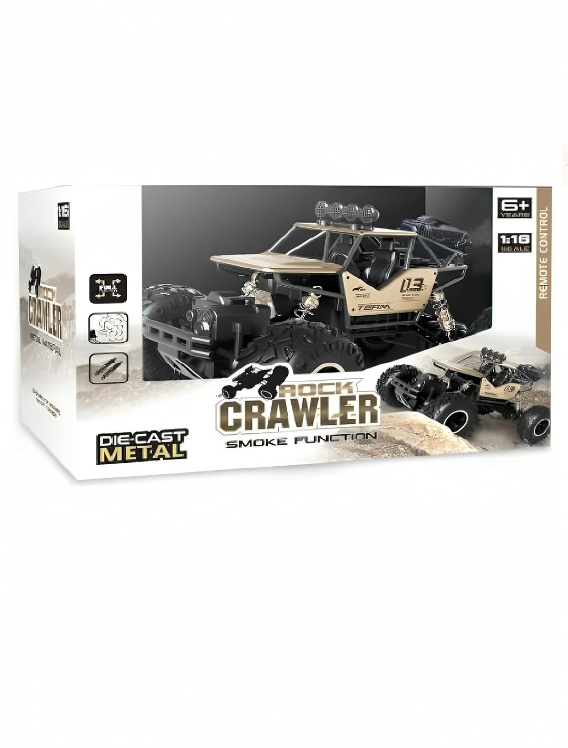 Braintastic 1:16 Big Rock Crawler Monster Truck with Spray, Metal Body Rechargeable RC Off Road Car with High Strength Shockers for Kids and Adults (Golden)