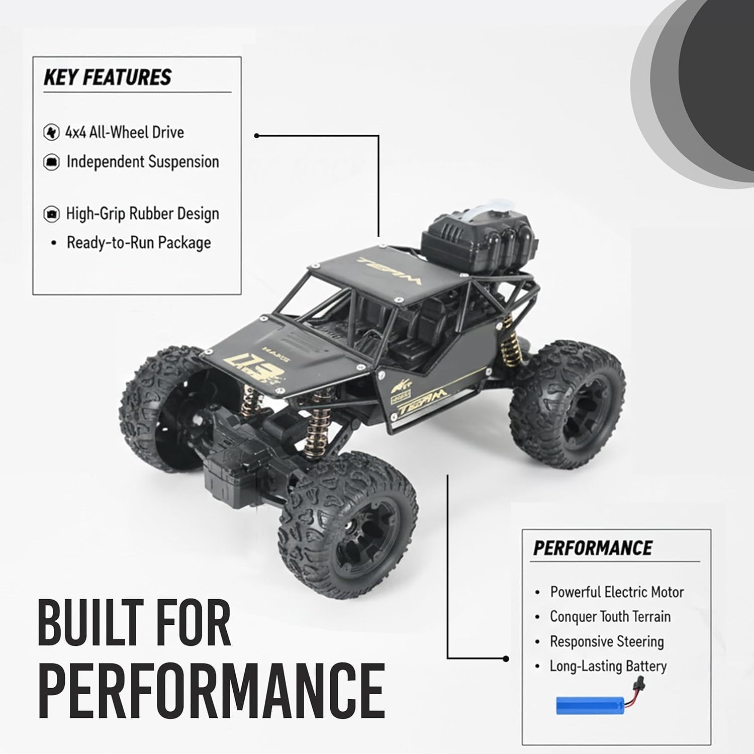 Braintastic 1:16 Big Rock Crawler Monster Truck with Spray, Metal Body Rechargeable RC Off Road Car with High Strength Shockers for Kids and Adults (Golden)
