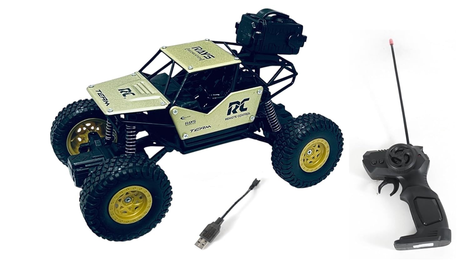Braintastic 1:16 Big Rock Crawler Monster Truck with Spray, Metal Body Rechargeable RC Off Road Car with High Strength Shockers for Kids and Adults (Golden)