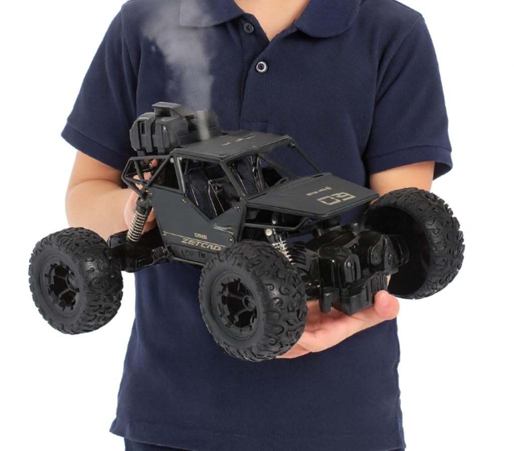 Braintastic 1:16 Big Rock Crawler Monster Truck with Spray, Metal Body Rechargeable RC Off Road Car with High Strength Shockers for Kids and Adults (Black)