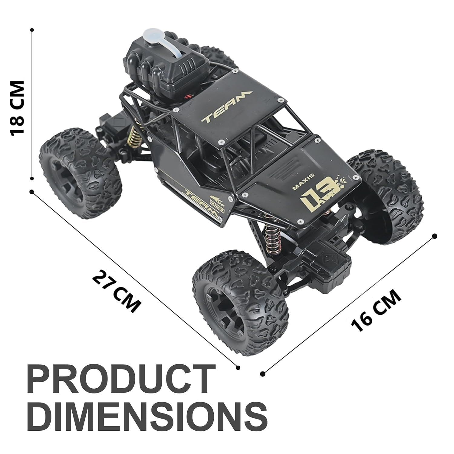 Braintastic 1:16 Big Rock Crawler Monster Truck with Spray, Metal Body Rechargeable RC Off Road Car with High Strength Shockers for Kids and Adults (Black)