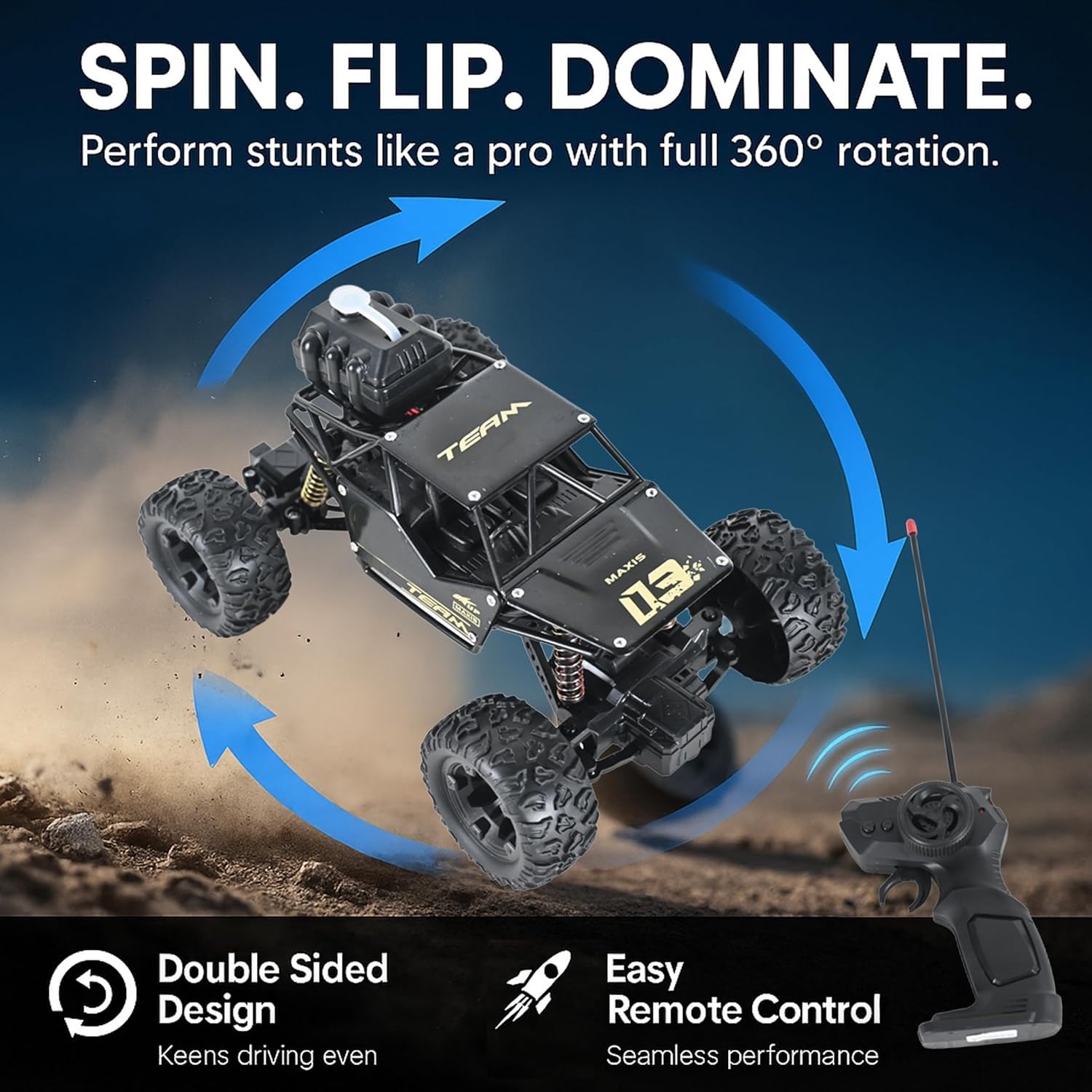 Braintastic 1:16 Big Rock Crawler Monster Truck with Spray, Metal Body Rechargeable RC Off Road Car with High Strength Shockers for Kids and Adults (Black)