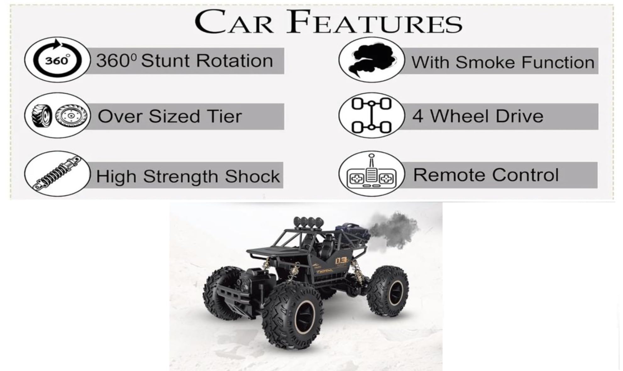 Braintastic 1:16 Big Rock Crawler Monster Truck with Spray, Metal Body Rechargeable RC Off Road Car with High Strength Shockers for Kids and Adults (Black)