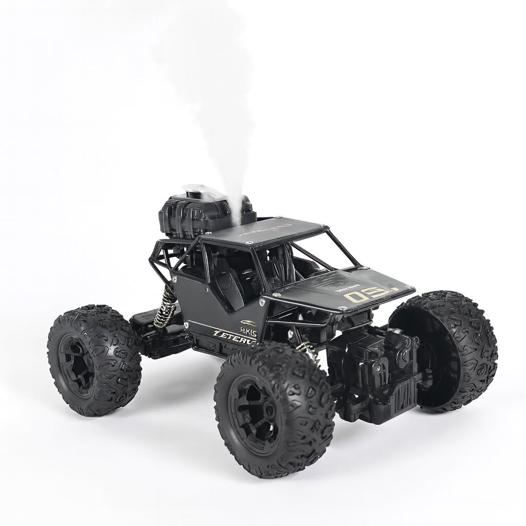Braintastic 1:16 Big Rock Crawler Monster Truck with Spray, Metal Body Rechargeable RC Off Road Car with High Strength Shockers for Kids and Adults (Black)