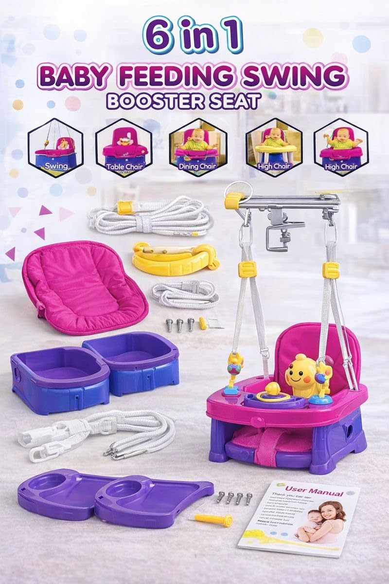 Braintastic 6-in-1 Multipurpose Baby Booster Seat Cum Hanging Swing Seat | Toddler Plastic Chair with Backrest & Safety Support | Feeding Seat with Long Ropes & Hooks for Boys & Girls (1–3 Years)