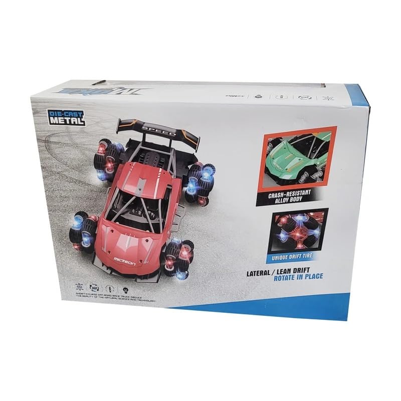 Braintastic Moka Drift Racing Car, Unique 8 Wheels with Remote Control, Crash-Resistance Alloy Body, Rotate 360° in Place with Lights for Kids