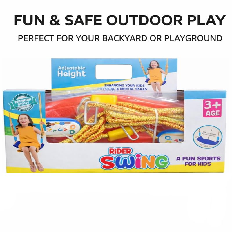 Braintastic Rider Swing for Kids, Plastic Outdoor Hanging Jhulla with Strong Rope-Adjustable Height with 2 Carabiners (Red Color)