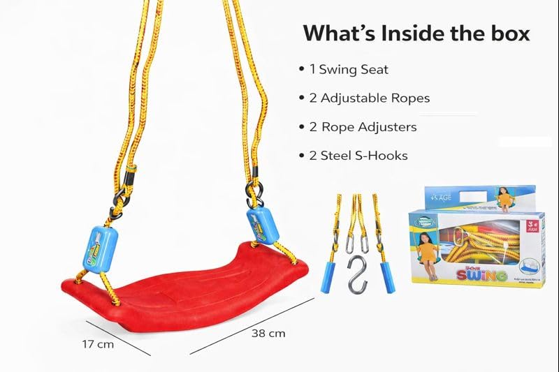 Braintastic Rider Swing for Kids, Plastic Outdoor Hanging Jhulla with Strong Rope-Adjustable Height with 2 Carabiners (Red Color)