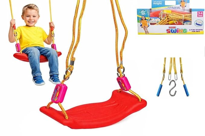 Braintastic Rider Swing for Kids, Plastic Outdoor Hanging Jhulla with Strong Rope-Adjustable Height with 2 Carabiners (Red Color)