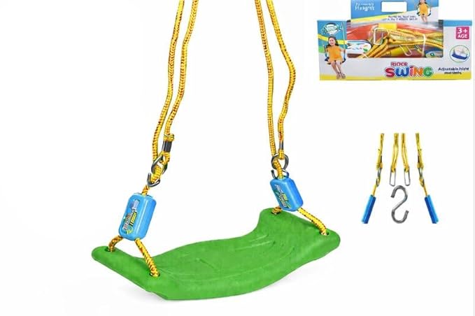 Braintastic Rider Swing for Kids, Plastic Outdoor Hanging Jhulla with Strong Rope-Adjustable Height with 2 Carabiners (Green Color)