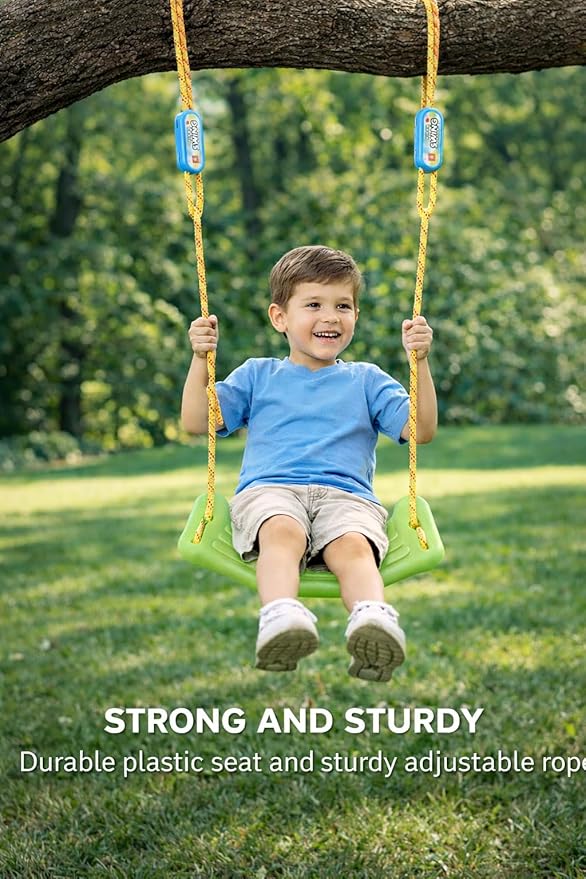 Braintastic Rider Swing for Kids, Plastic Outdoor Hanging Jhulla with Strong Rope-Adjustable Height with 2 Carabiners (Green Color)