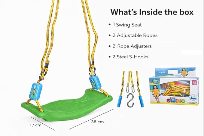 Braintastic Rider Swing for Kids, Plastic Outdoor Hanging Jhulla with Strong Rope-Adjustable Height with 2 Carabiners (Green Color)