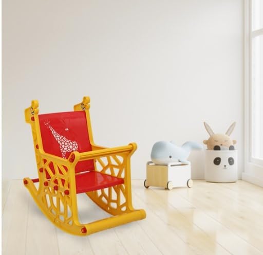 Braintastic Kids Plastic Rocking Chair for Toddlers | Sturdy Indoor Rocker with Backrest & Smooth Curved Base | Safe & Durable Baby Rocking Toy for Boys & Girls (Giraffe, Yellow/Red)
