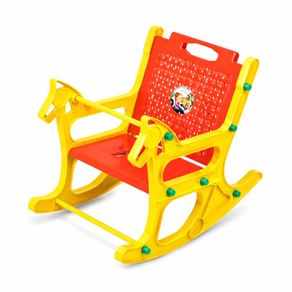 Braintastic Kids Plastic Rocking Chair for Toddlers | Sturdy Indoor Rocker with Backrest, Safety Bar & Smooth Curved Base | Safe & Durable Baby Rocking Toy for Boys & Girls (Horse, Yellow/Red)
