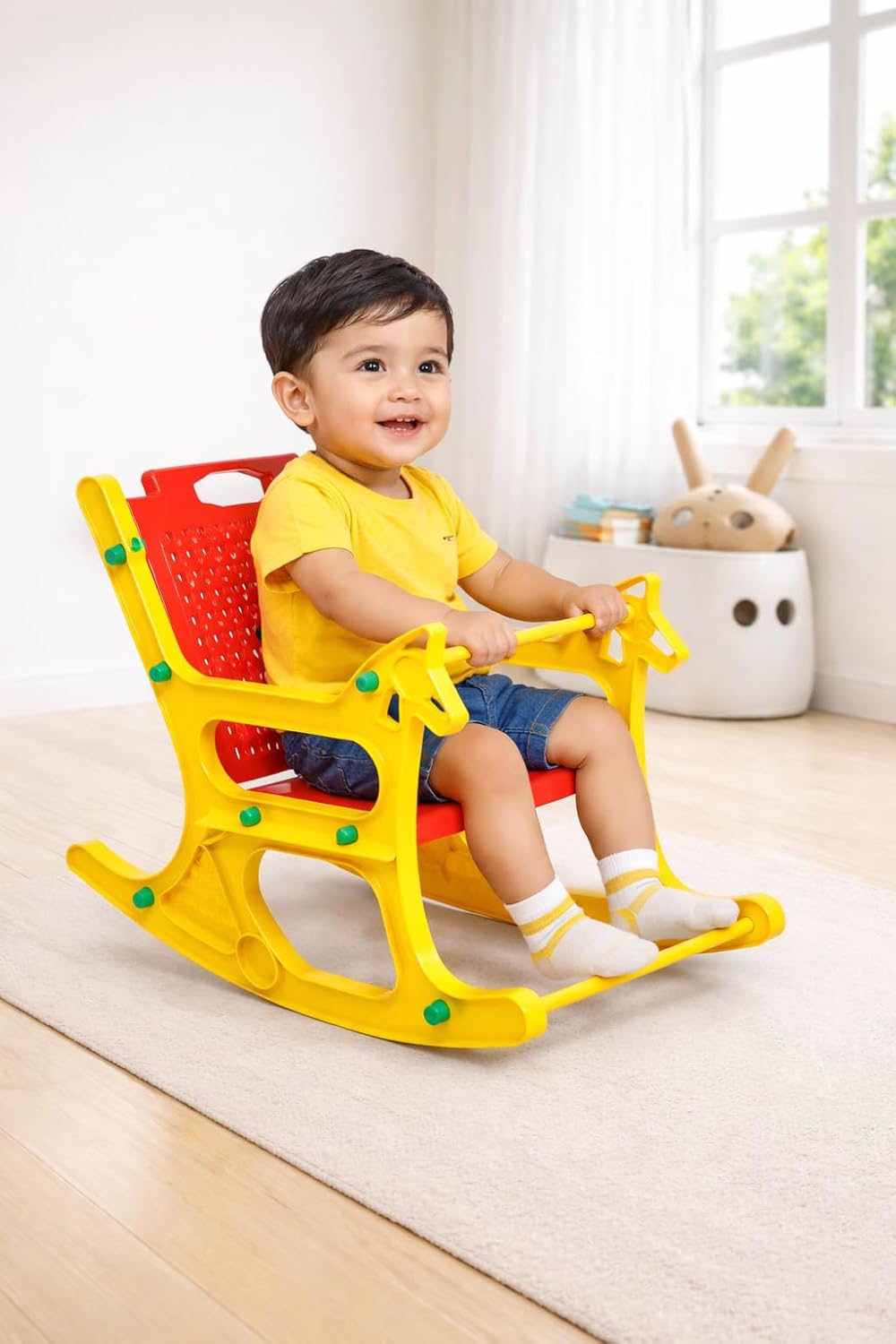 Braintastic Kids Plastic Rocking Chair for Toddlers | Sturdy Indoor Rocker with Backrest, Safety Bar & Smooth Curved Base | Safe & Durable Baby Rocking Toy for Boys & Girls (Horse, Yellow/Red)