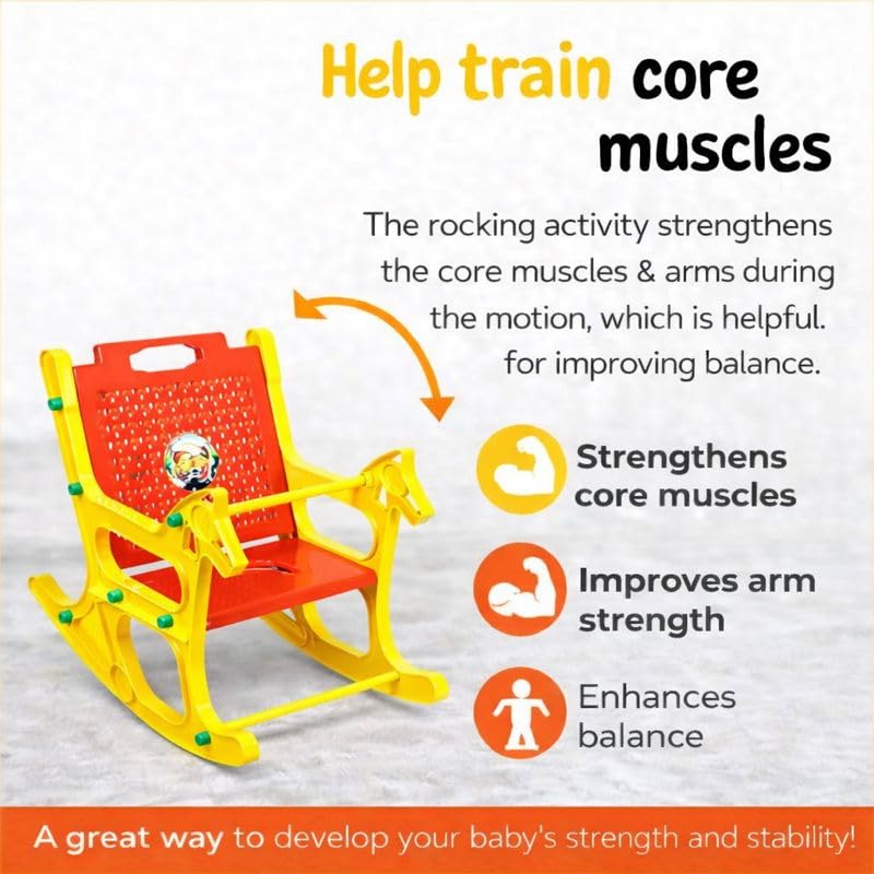 Braintastic Kids Plastic Rocking Chair for Toddlers | Sturdy Indoor Rocker with Backrest, Safety Bar & Smooth Curved Base | Safe & Durable Baby Rocking Toy for Boys & Girls (Horse, Yellow/Red)