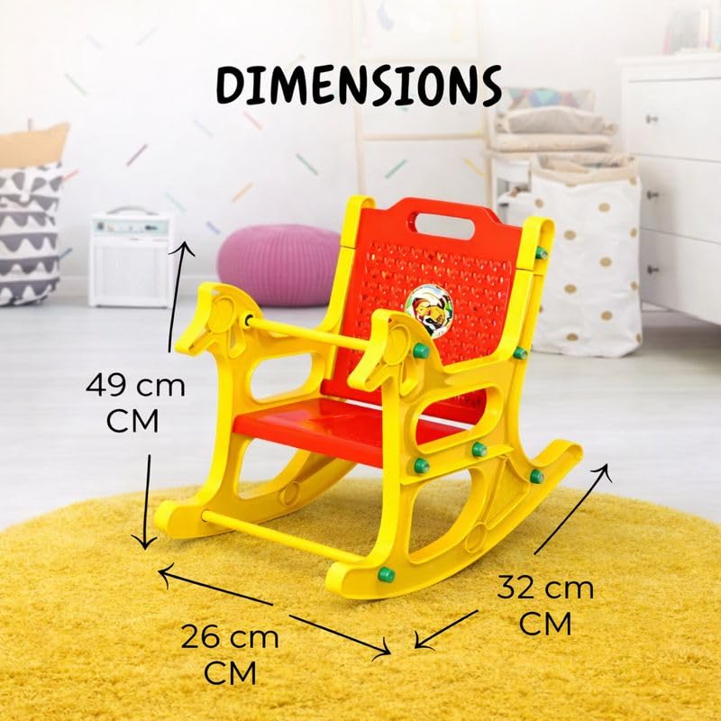 Braintastic Kids Plastic Rocking Chair for Toddlers | Sturdy Indoor Rocker with Backrest, Safety Bar & Smooth Curved Base | Safe & Durable Baby Rocking Toy for Boys & Girls (Horse, Yellow/Red)