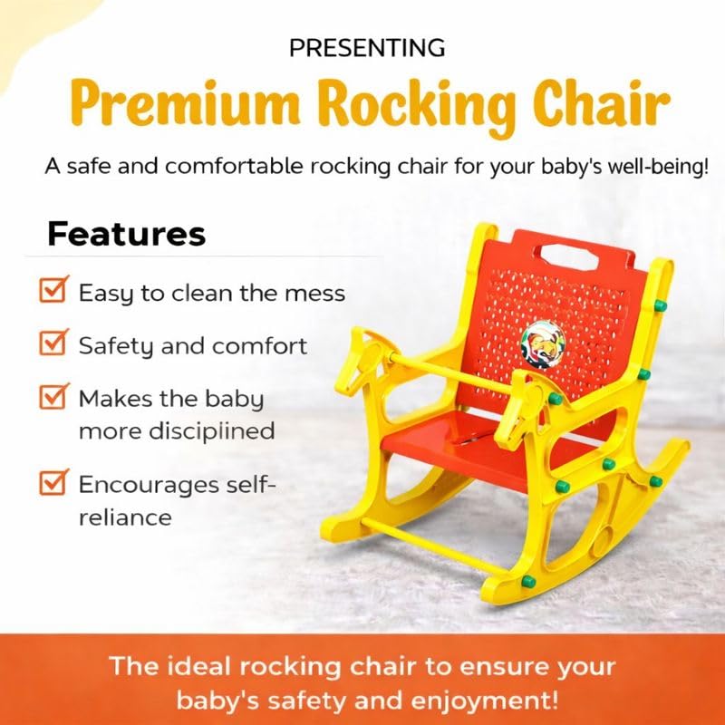 Braintastic Kids Plastic Rocking Chair for Toddlers | Sturdy Indoor Rocker with Backrest, Safety Bar & Smooth Curved Base | Safe & Durable Baby Rocking Toy for Boys & Girls (Horse, Yellow/Red)